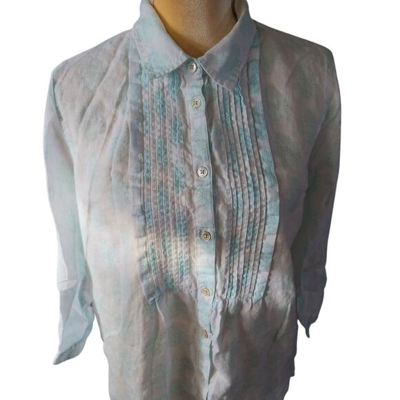 J. Jill Teal Linen Patterned Button Down Beach Coastal Pleated Shirt Medium - Picture 3 of 8